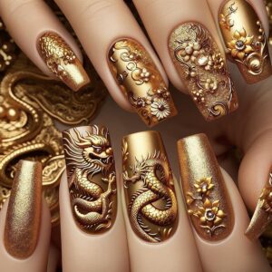24Pcs Gold Press on Nails Medium Length Coffin Fake Nails 3D Dragon Flower Luxury Carving Design Full Cover Glue on Nails Artificial Glitter False Nails for Women Girls Acrylic Manicure Salon DIY
