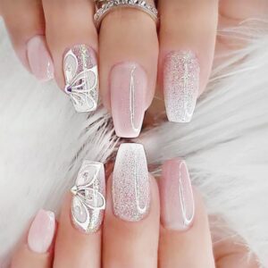 24Pcs Medium Long Press on Nails Gradient Pink Fake Nails White Flower with Rhinestones Nail Sequins Glitter Full Cover Glue on Nails Coffin False Nails for Women Girls Acrylic Nail Decorations