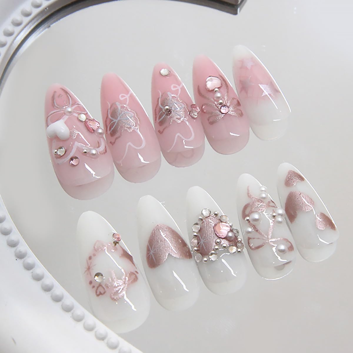 24Pcs Pink Bow Press on Nails Medium Almond Fake Nails with Silver Heart Rhinestones Design Glitter False Nails White Full Cover Artificial Glue on Nails Handmade Stick on Nails for Women Acrylic Nail - Image 2