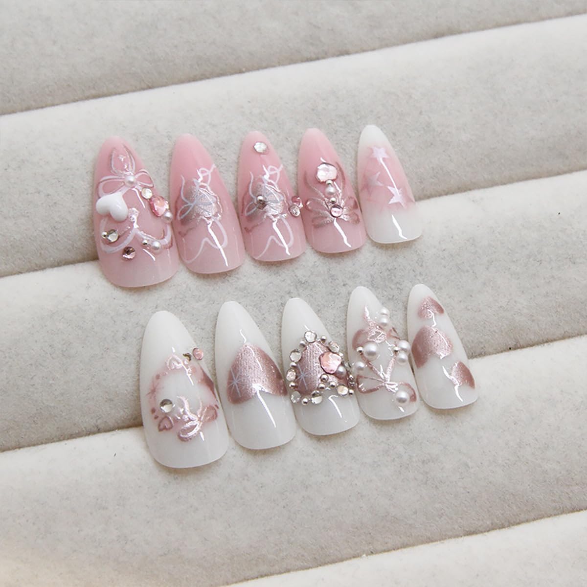 24Pcs Pink Bow Press on Nails Medium Almond Fake Nails with Silver Heart Rhinestones Design Glitter False Nails White Full Cover Artificial Glue on Nails Handmade Stick on Nails for Women Acrylic Nail - Image 3