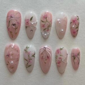 24Pcs Pink Flower Press on Nails Almond Peach Blossom Fake Nails Spring Summer Floral False Nails with 3D Pearl Diamond Designs Stick on Nails Full Cover Pink White Gradient Acrylic Nails for Women
