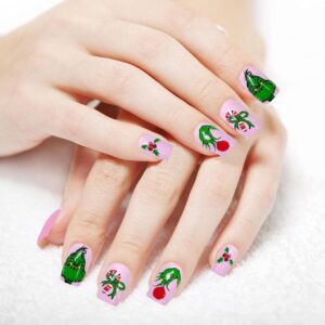 24pcs Press on Nails Medium- Christmas Fake Nails with Grinchs Design, Full Cover Acrylic Nails, Winter Xmas False Nails for Women Girls Holiday Manicure (Christmas-A, Medium)