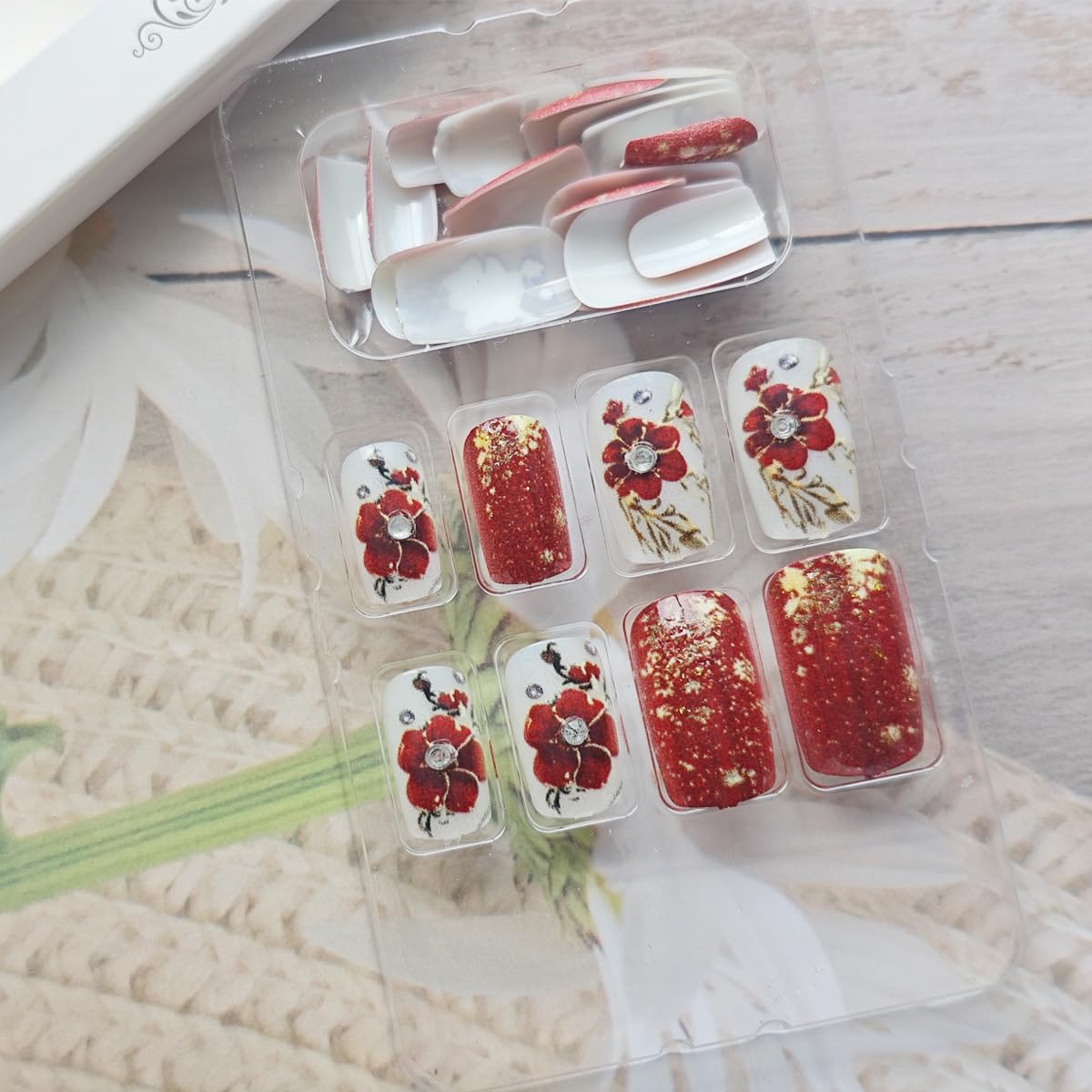 24Pcs Red Flower Press on Nails Medium Square Fake Nails Floral Gold Foil with Rhinestones Glitter Glossy Design Full Cover Glue on Nails Spring Summer False Nails for Women Girls Acrylic Nails DIY - Image 2