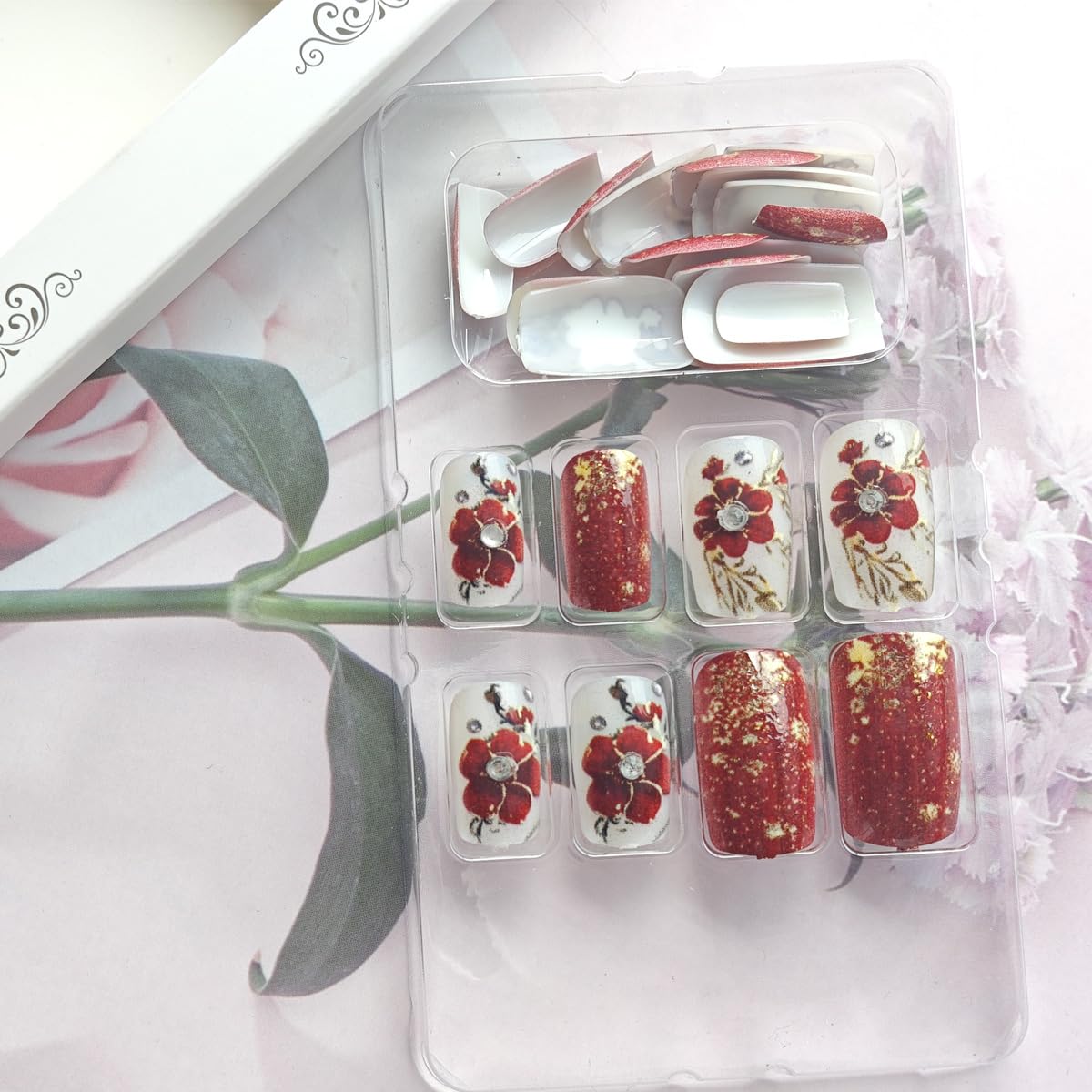 24Pcs Red Flower Press on Nails Medium Square Fake Nails Floral Gold Foil with Rhinestones Glitter Glossy Design Full Cover Glue on Nails Spring Summer False Nails for Women Girls Acrylic Nails DIY - Image 5