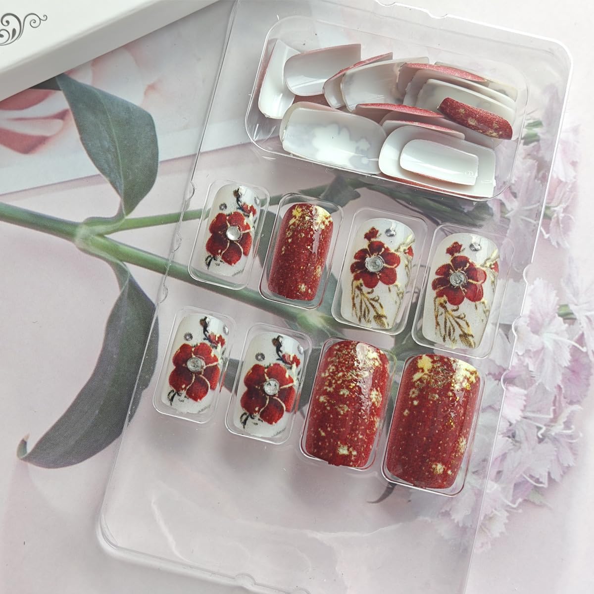 24Pcs Red Flower Press on Nails Medium Square Fake Nails Floral Gold Foil with Rhinestones Glitter Glossy Design Full Cover Glue on Nails Spring Summer False Nails for Women Girls Acrylic Nails DIY - Image 4