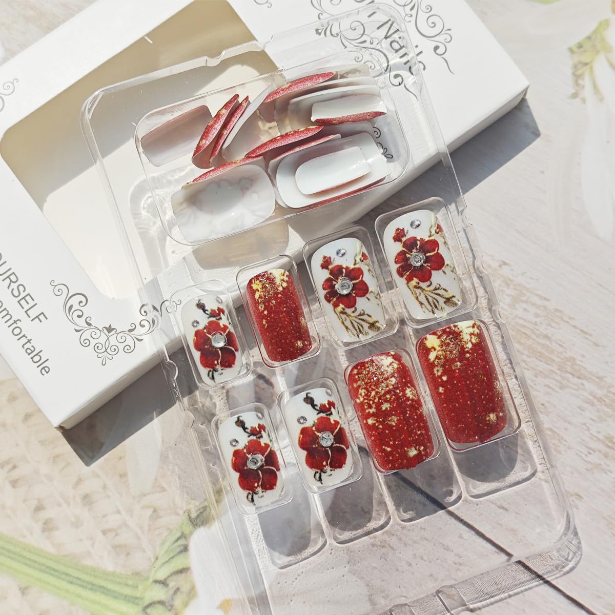 24Pcs Red Flower Press on Nails Medium Square Fake Nails Floral Gold Foil with Rhinestones Glitter Glossy Design Full Cover Glue on Nails Spring Summer False Nails for Women Girls Acrylic Nails DIY - Image 3
