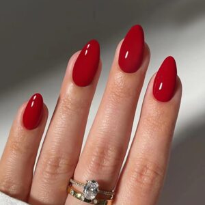 24Pcs Red Press on Nails Short Almond Fake Nails Red Acrylic Nails Full Cover Glue on Nails Reusable Artificial Nails Glossy Almond Shape False Nails Simple Cute Stick on Nails for Women Nail Supplies