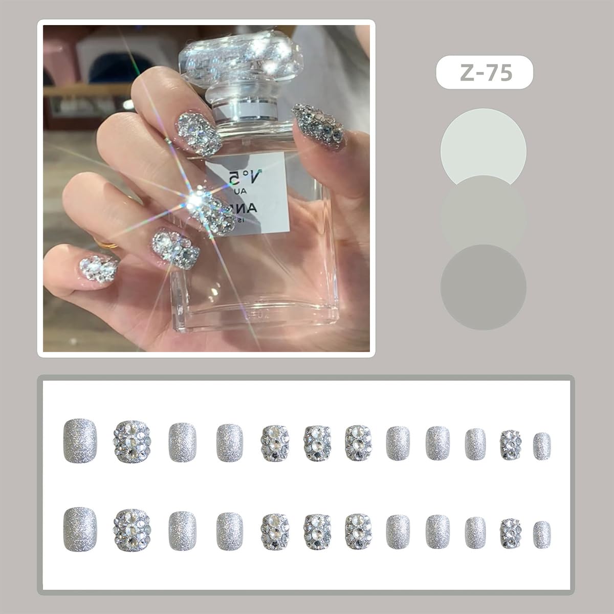 24Pcs Short Press on Nails Luxury Rhinestone Fake Nails Elegant Glue On Nail with Sparkly Rhinestones Gem Design Silver Glitter Acrylic False Nails for Women Manicure Decoration - Image 2