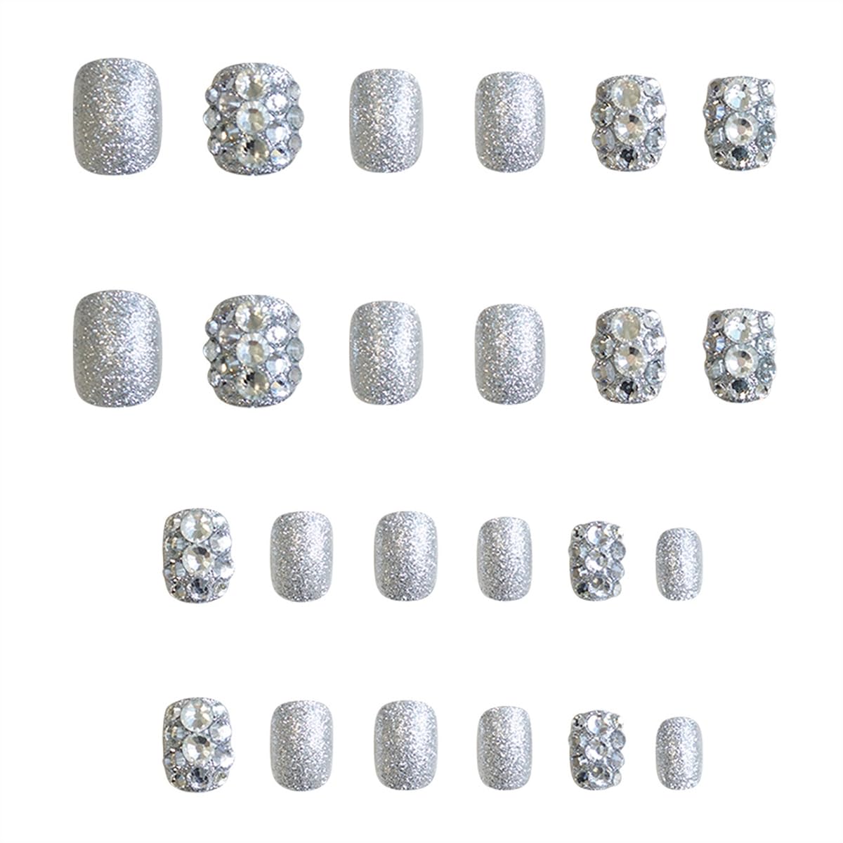 24Pcs Short Press on Nails Luxury Rhinestone Fake Nails Elegant Glue On Nail with Sparkly Rhinestones Gem Design Silver Glitter Acrylic False Nails for Women Manicure Decoration - Image 5
