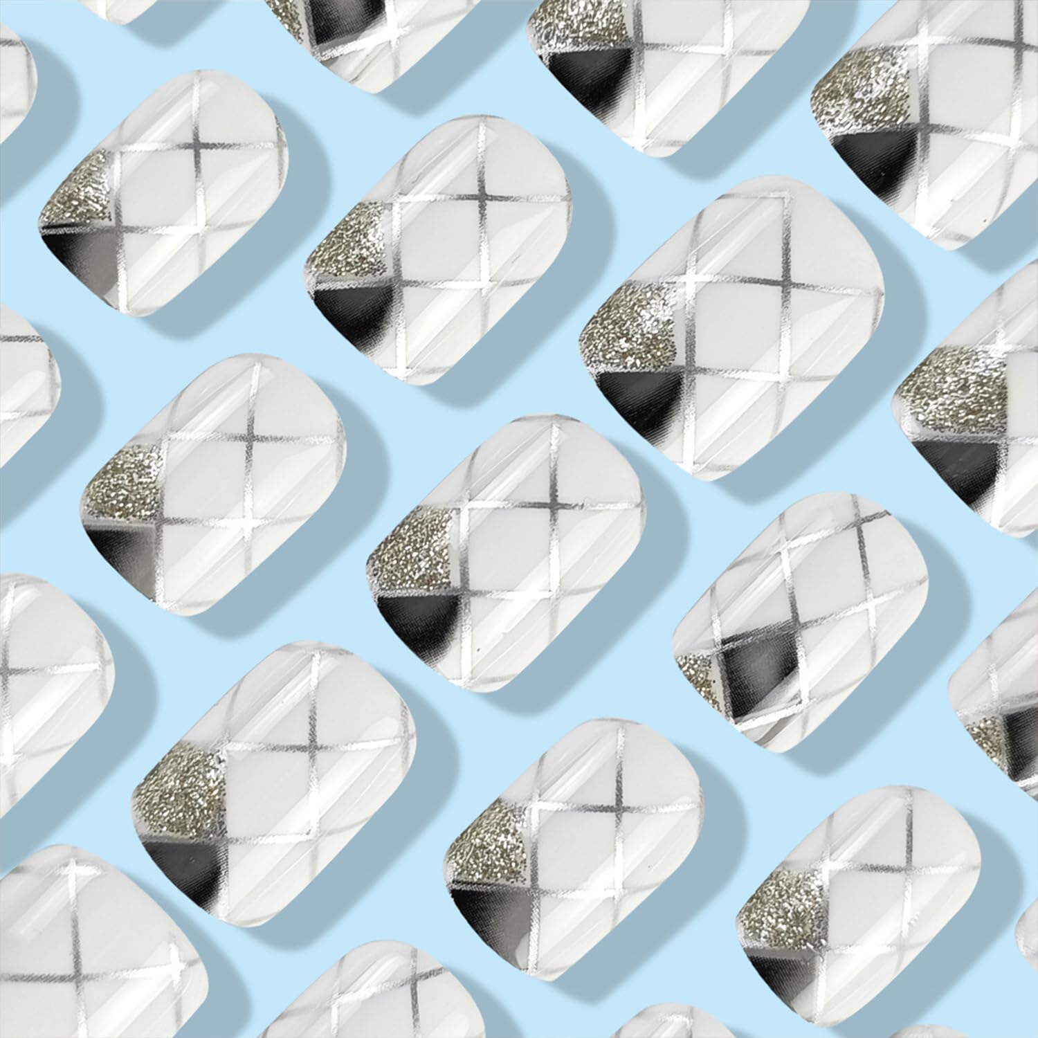 24Pcs Short Square Press on Nails Glitter White Grey Rhombus Designs Fake Nails Full Cover False Nails Acrylic Stick on Nails Silver Line Artificial Nails for Women Girls Glue on Nails - Image 3