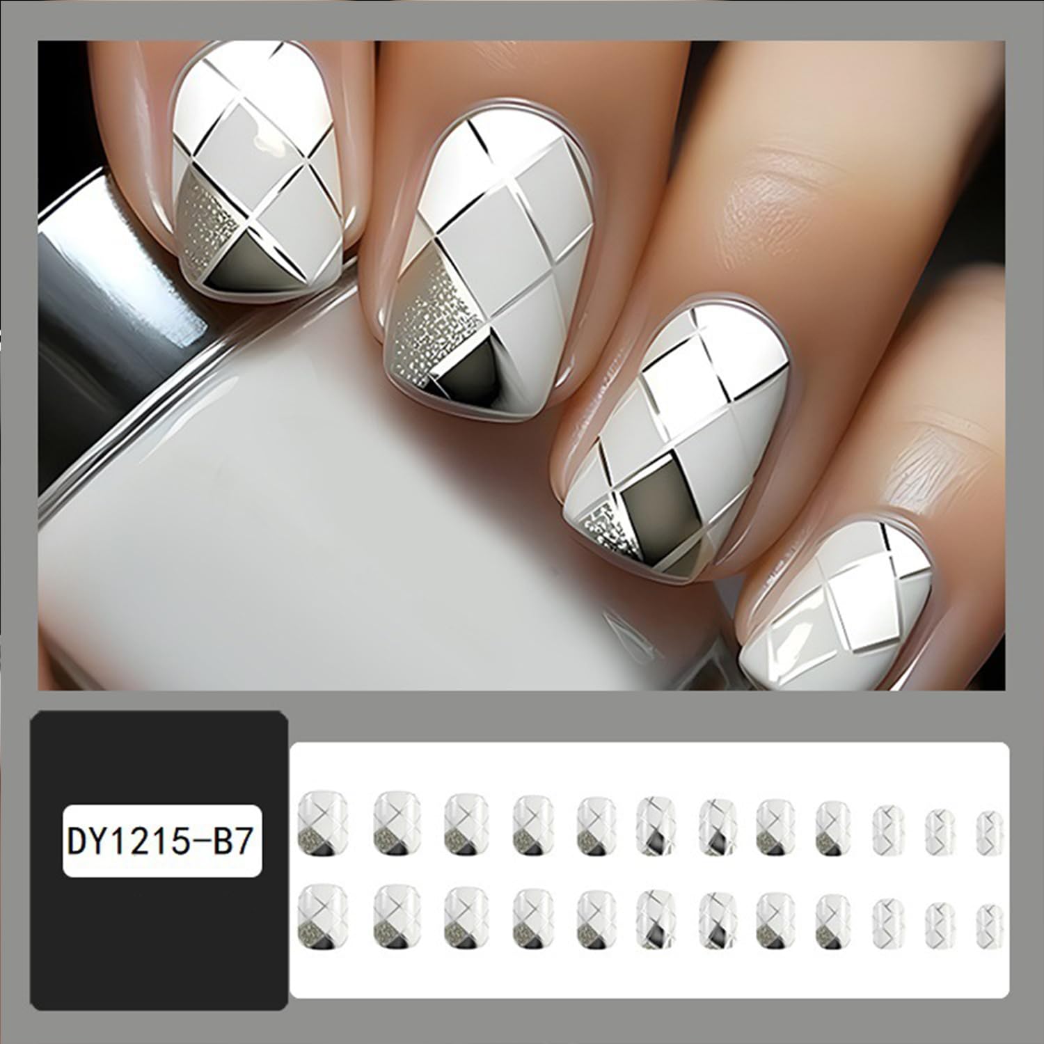 24Pcs Short Square Press on Nails Glitter White Grey Rhombus Designs Fake Nails Full Cover False Nails Acrylic Stick on Nails Silver Line Artificial Nails for Women Girls Glue on Nails - Image 2
