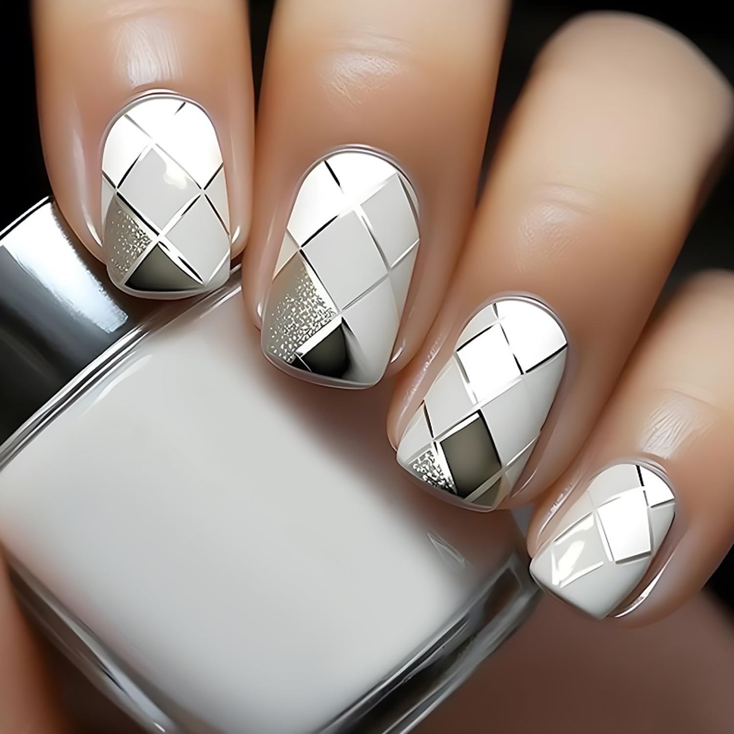 24Pcs Short Square Press on Nails Glitter White Grey Rhombus Designs Fake Nails Full Cover False Nails Acrylic Stick on Nails Silver Line Artificial Nails for Women Girls Glue on Nails