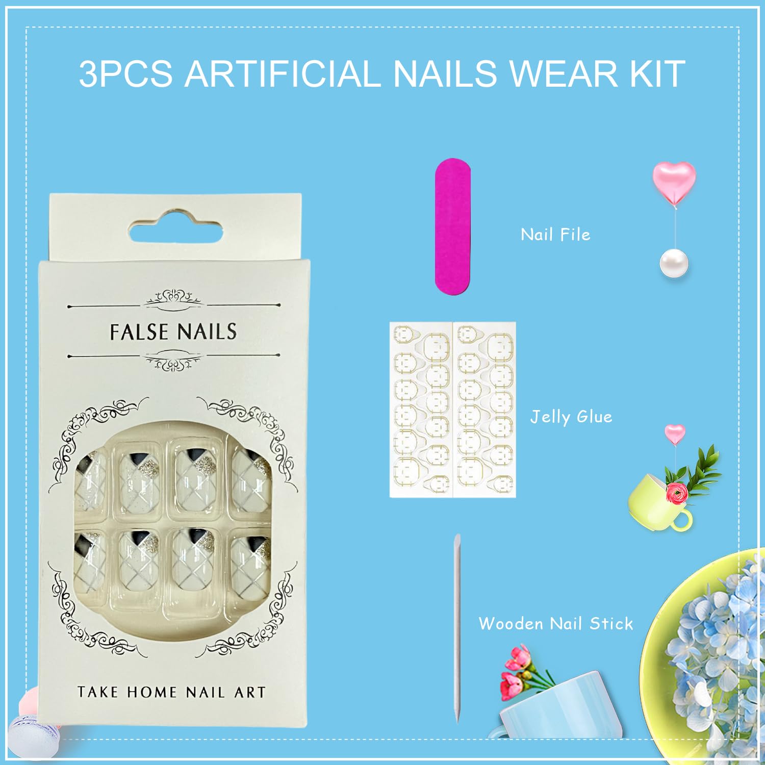 24Pcs Short Square Press on Nails Glitter White Grey Rhombus Designs Fake Nails Full Cover False Nails Acrylic Stick on Nails Silver Line Artificial Nails for Women Girls Glue on Nails - Image 6