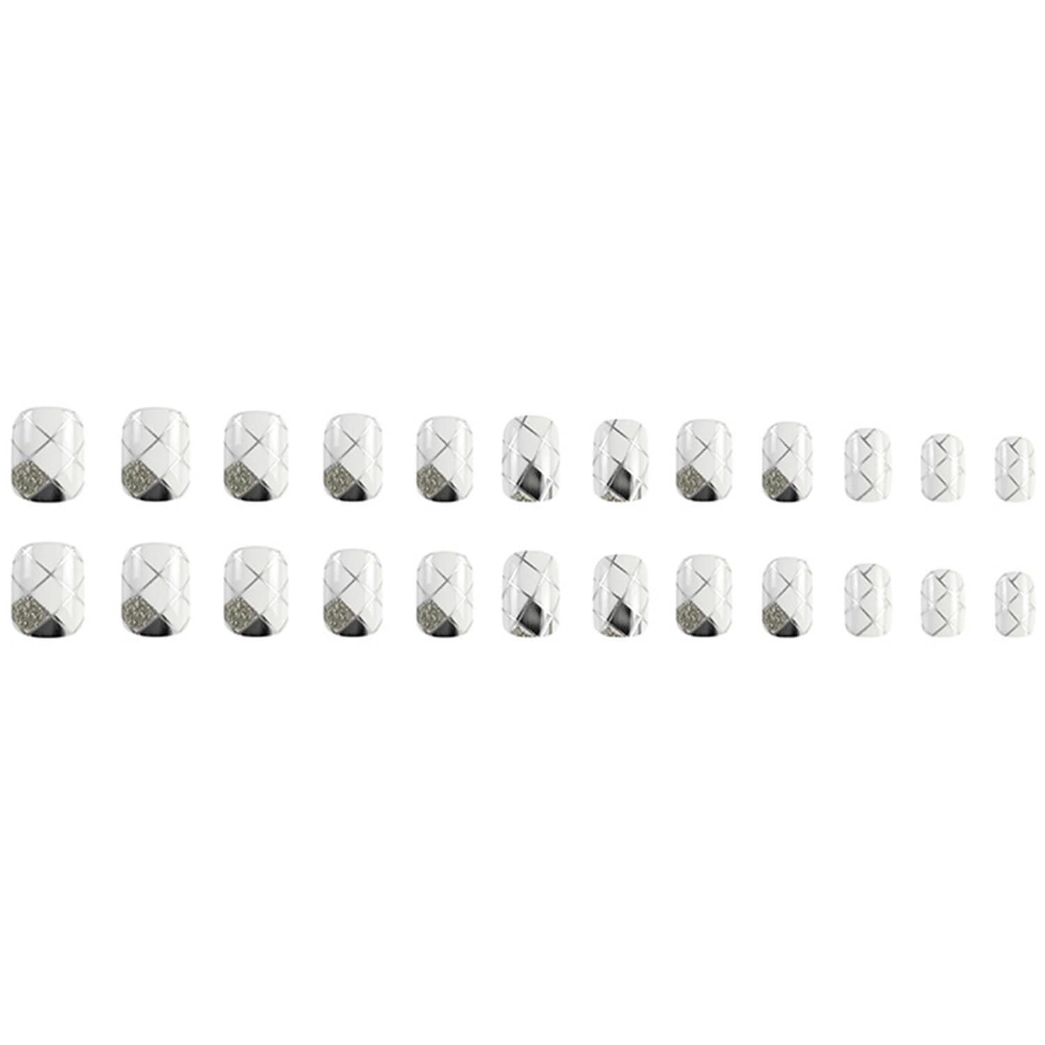 24Pcs Short Square Press on Nails Glitter White Grey Rhombus Designs Fake Nails Full Cover False Nails Acrylic Stick on Nails Silver Line Artificial Nails for Women Girls Glue on Nails - Image 4