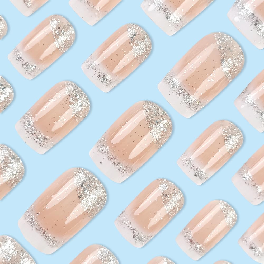 24 Piece Medium White French Ombre Glitter Square Press On Nails Kit - Image 4