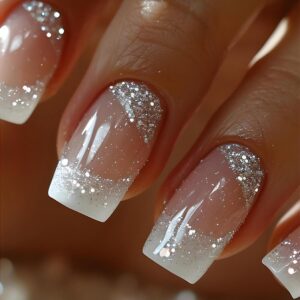 24Pcs White French Tip Press on Nails Square Medium Length Fake Nails White Ombre False Nails with Silver Glitter Designs Glossy Artificial Nails Acrylic Glue on Nails Natural Stick on Nails for Women