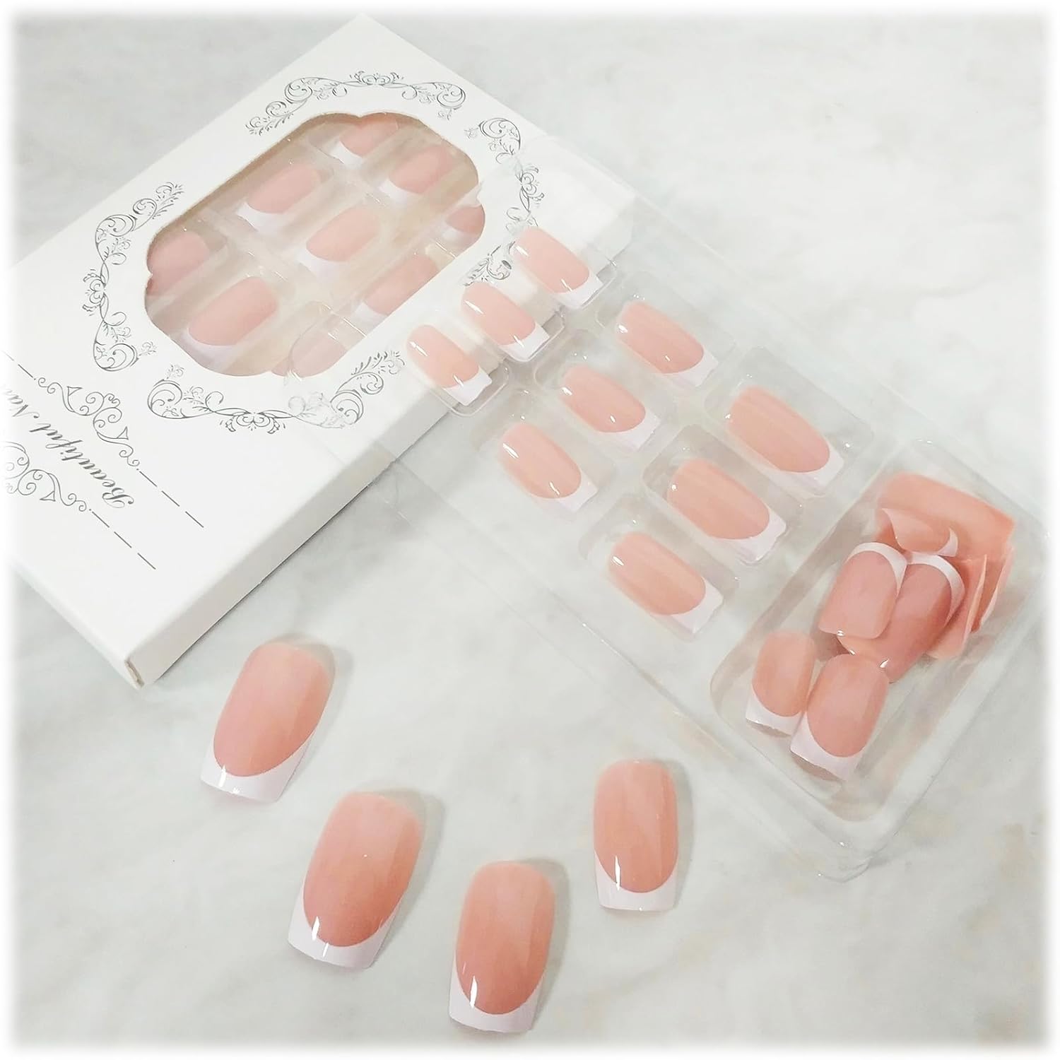 24Pcs White French Tips Press on Nails with Simple Design, Glossy Nude Medium-Short Square False Nails Gel Glue on Nails, French Manicure Art Acrylic Fake Nails Stick on Nails for Coquette Women Girls - Image 5