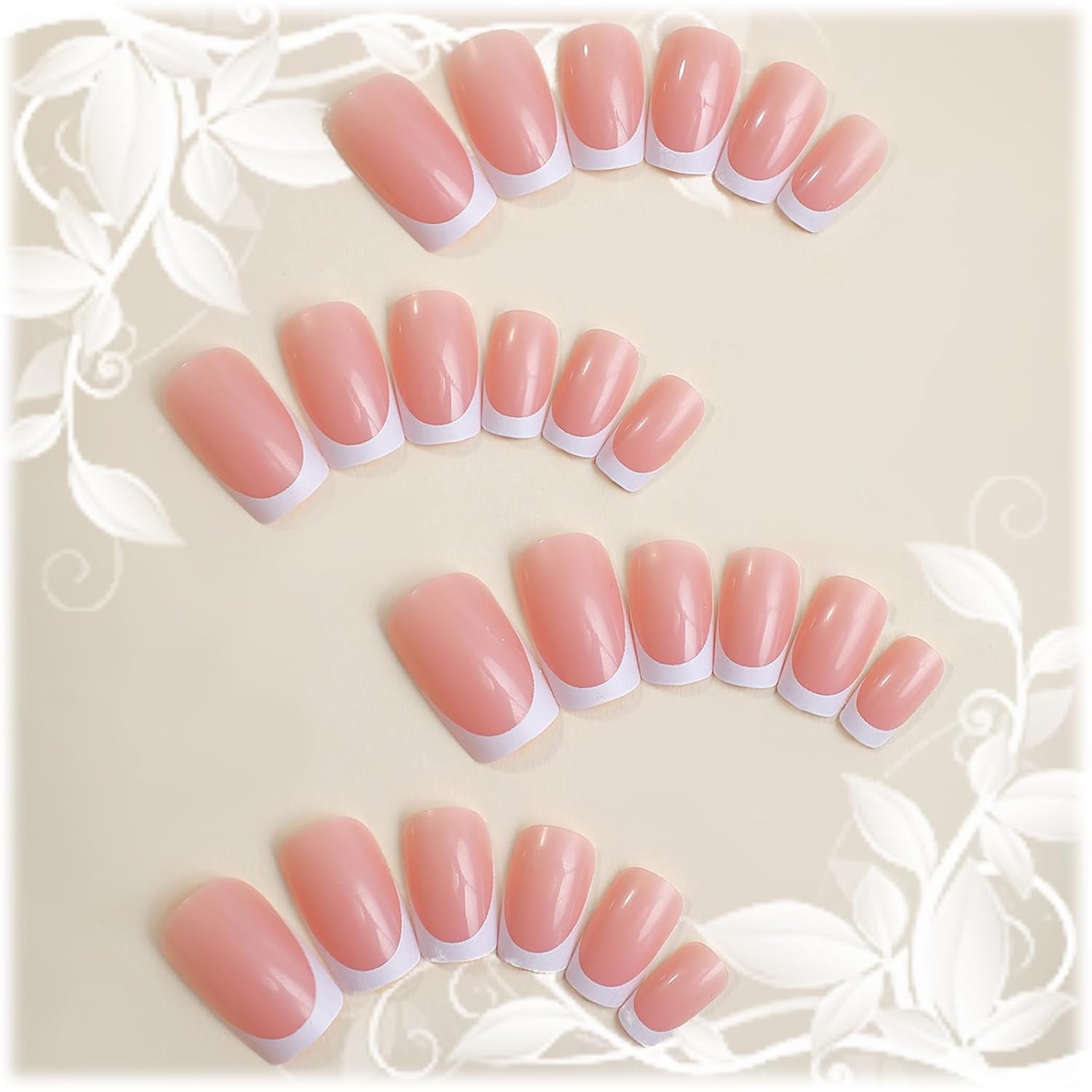24Pcs White French Tips Press on Nails with Simple Design, Glossy Nude Medium-Short Square False Nails Gel Glue on Nails, French Manicure Art Acrylic Fake Nails Stick on Nails for Coquette Women Girls - Image 2