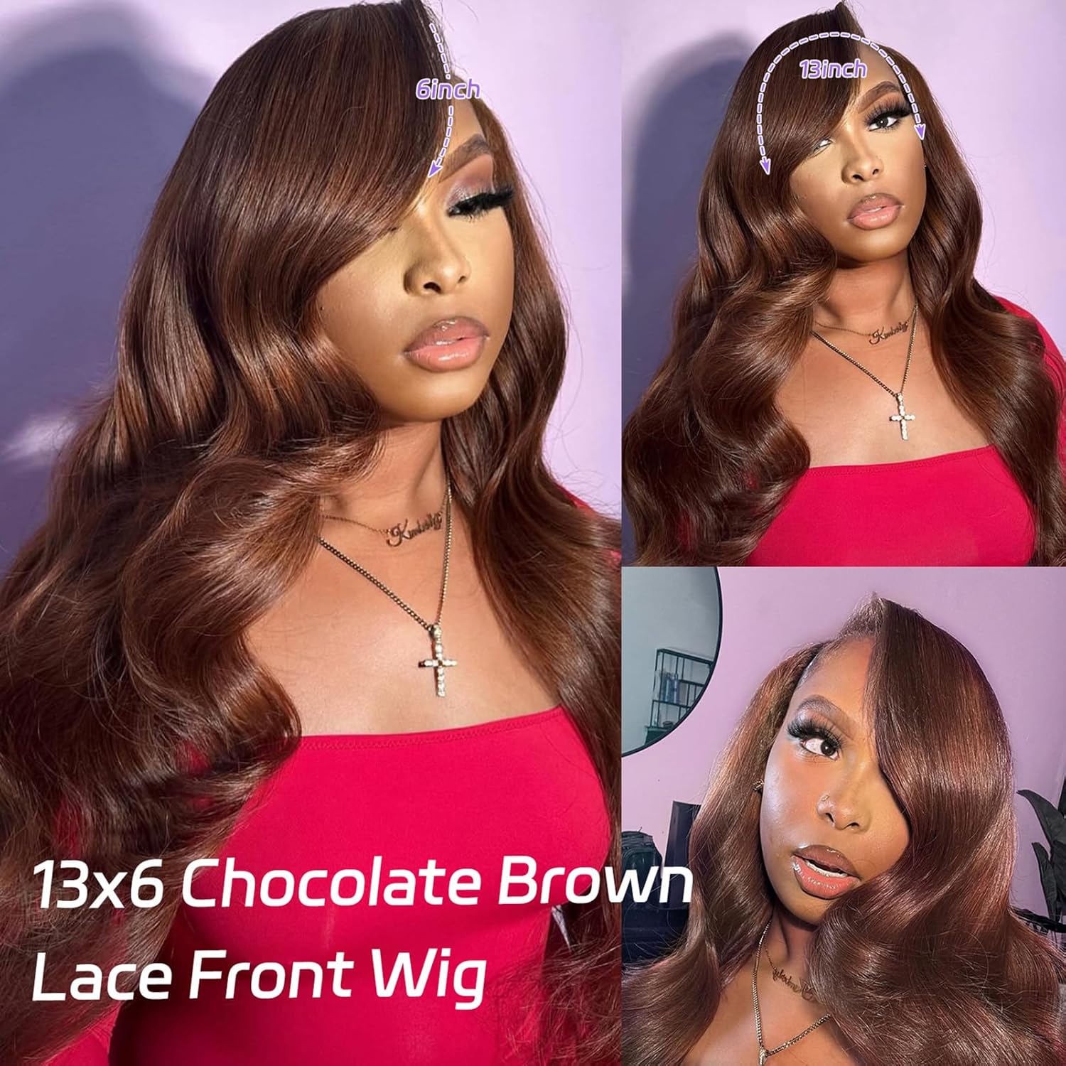 250 Density Chocolate Brown Lace Front Wig Human Hair 13x6 HD Lace Front Wigs Human Hair Pre Plucked Natural Hairline 4# Brown Body Wave Lace Frontal Wig 24 Inch - Image 4