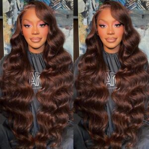 250 Density Chocolate Brown Lace Front Wig Human Hair 13x6 HD Lace Front Wigs Human Hair Pre Plucked Natural Hairline 4# Brown Body Wave Lace Frontal Wig 24 Inch