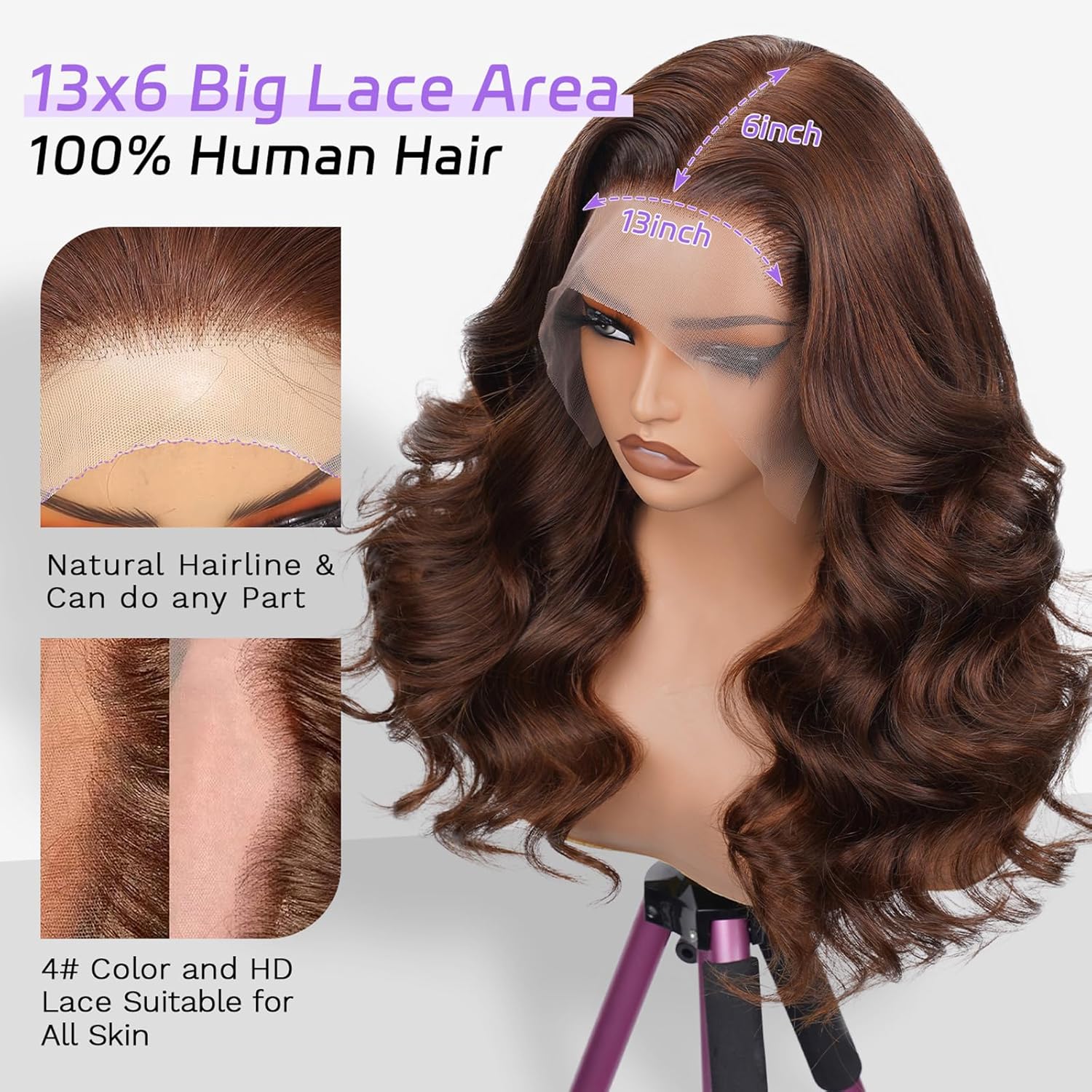 250 Density Chocolate Brown Lace Front Wig Human Hair 13x6 HD Lace Front Wigs Human Hair Pre Plucked Natural Hairline 4# Brown Body Wave Lace Frontal Wig 24 Inch - Image 2