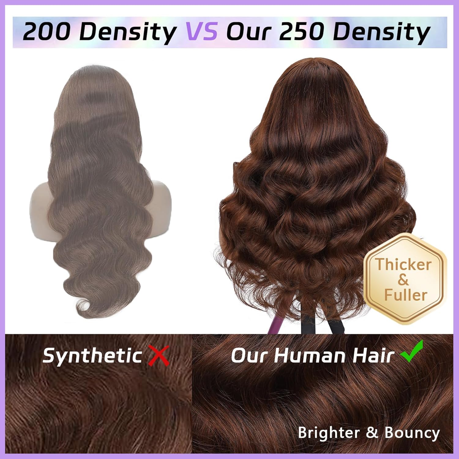 250 Density Chocolate Brown Lace Front Wig Human Hair 13x6 HD Lace Front Wigs Human Hair Pre Plucked Natural Hairline 4# Brown Body Wave Lace Frontal Wig 24 Inch - Image 3