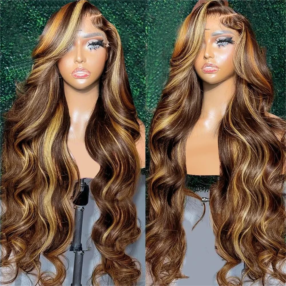 26 Inch Honey Blonde Lace Front Wig Human Hair Pre Plucked 13x6 HD Transparent 4/27 Highlight Ombre Body Wave Lace Front Wigs Human Hair 180% Density Glueless Colored Wigs for Women Natural Hairline
