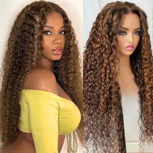 26 Inch Honey Blonde Ombre Lace Front Wigs Human Hair 4/27 180% Density Highlight Water wave Wig Human Hair 100% Human Hair Lace Frontal Pre Plucked Wet and Wavy Curly Glueless Wig