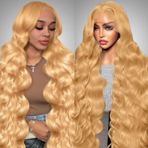 26 Inch Honey Blonde Wig Human Hair 200% Density 13x6 Body Wave Pre Plucked Glueless HD Transparent Lace Frontal Wigs Human Hair for Women