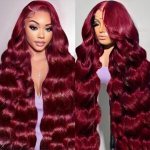 28 Inch 99j Burgundy Lace Front Wigs Human Hair 13x4 HD Red Burgundy Wig Human Hair 200% Body Wave Lace Front Wigs Human Hair Pre Plucked Glueless Frontal Wigs Human Hair for Women