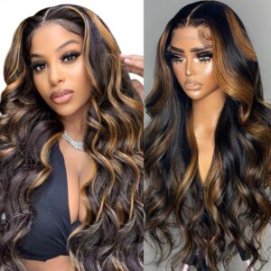 28 Inch Ombre Lace Front Wig Human Hair 1B/30 Body Wave Highlight Lace Front Wigs Human Hair Colored 13x4 Ombre Brown Wig Human Hair 200% Density Glueless HD Lace Frontal Wigs Human Hair