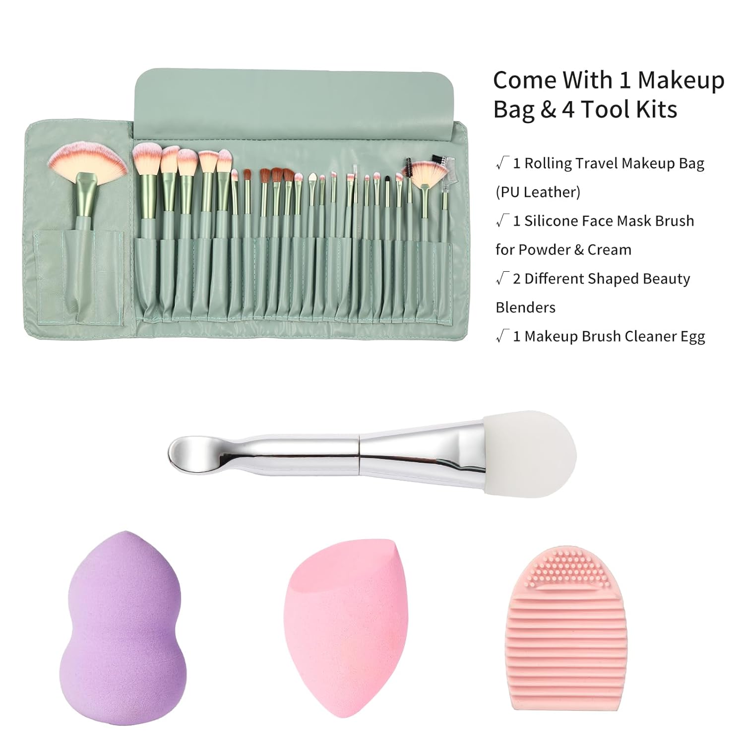 28-Piece Professional Makeup Brush Set with Beauty Blenders and Travel Bag Green - Image 7