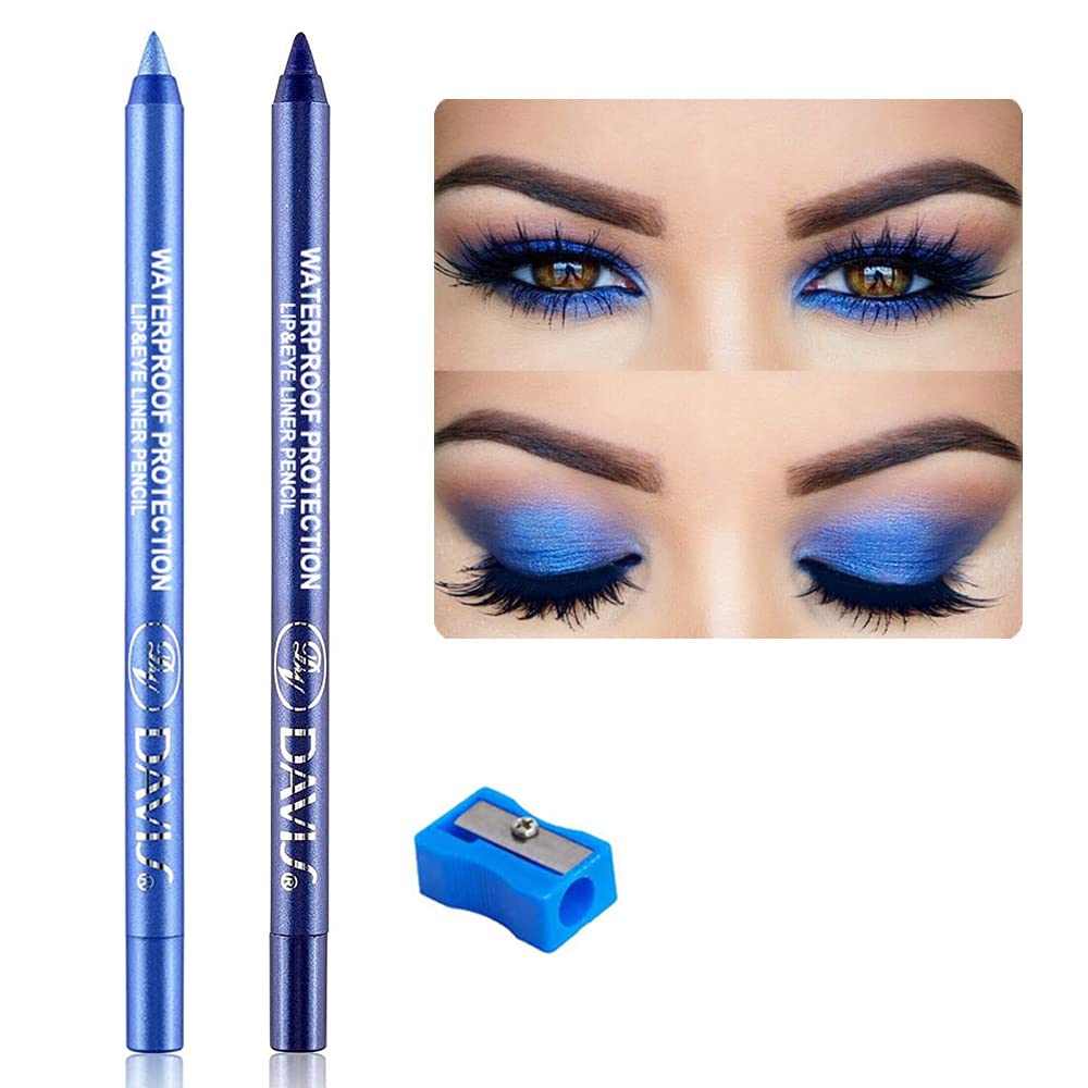 2Pcs Bright Blue & Dark Blue Eyeliner Pen Set, Pearl Metallic Glitter Eyeliner Pencil Kit - Waterproof Professional Eye Makeup - Eye Liners for Women - E1