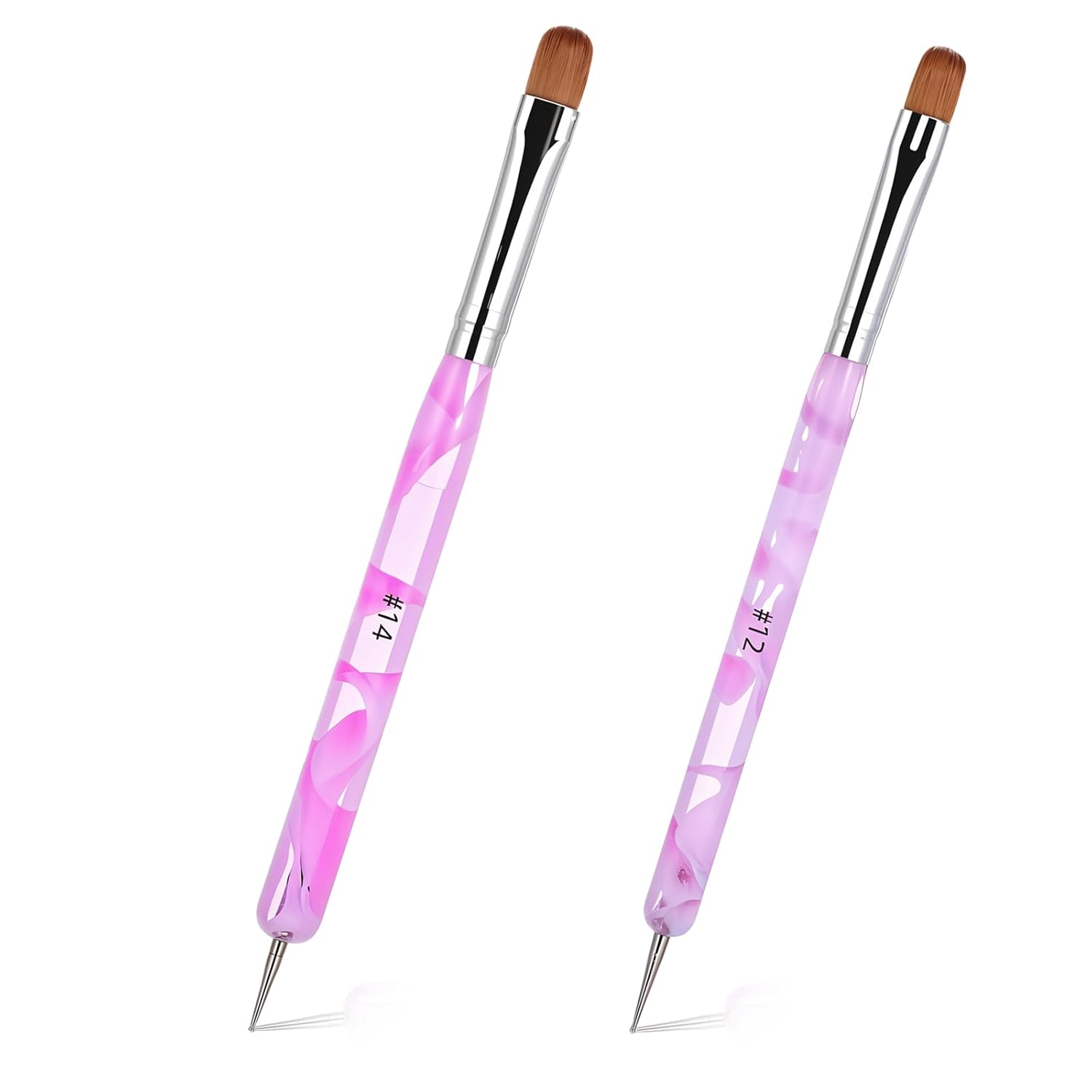2PCS French Tip Brush Acrylic Nail Art Brushes & Dotting Tool Double Ended Nails Gel Liner Brush, Pink Marble Professional Manicure Pens Nail Detailed Design Brushes for French Nails Tip(#14)