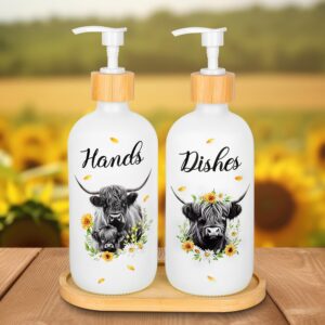 2Pcs Highland Cow Soap Dispenser 16 Oz Farmhouse Watercolor Gray Cow Floral Glass Soap Dispenser with Pump Refillable Liquid Soap Container for Kitchen Home Decor