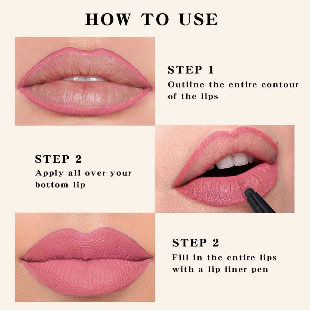 2Pcs Longwear Liquid Lip Liner Stain Marker Pen Set Long Lasting Waterproof, Dusty Warm Pink Matte Semi Permanent 24 Hour Lip Liner and Lipstick Combo, Color Stay Lipliner All Day, Lips Stain peel off - Image 7