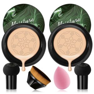 2PCS Mushroom Head Air Cushion CC Cream, Moisturizing Lasting Oil Control BB Cream for All Skin Types, Full Coverage Concealer Liquid Foundation Face Makeup Set with Foundation Brush & Makeup Sponge A