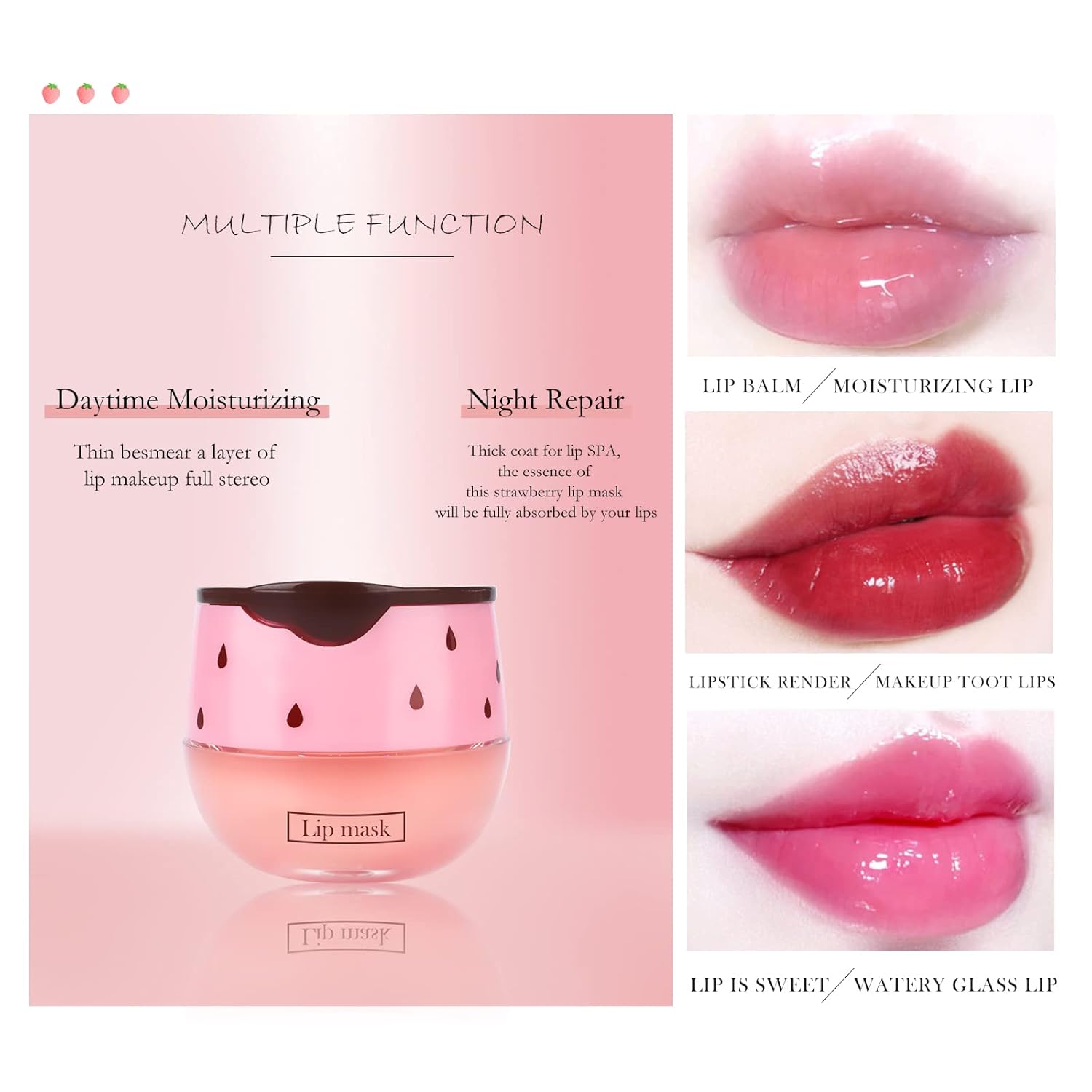2PCs Strawberry Lip Sleeping Mask,Bee Lip Balm Honey Pot, Bee Lip Honey Pot with Wand Nourishes Lips, Overnight Strawberry Propolis Honey Balm Lip Mask for Lip Care Moisturize Lip Skin - Image 5
