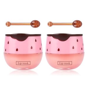2PCs Strawberry Lip Sleeping Mask,Bee Lip Balm Honey Pot, Bee Lip Honey Pot with Wand Nourishes Lips, Overnight Strawberry Propolis Honey Balm Lip Mask for Lip Care Moisturize Lip Skin