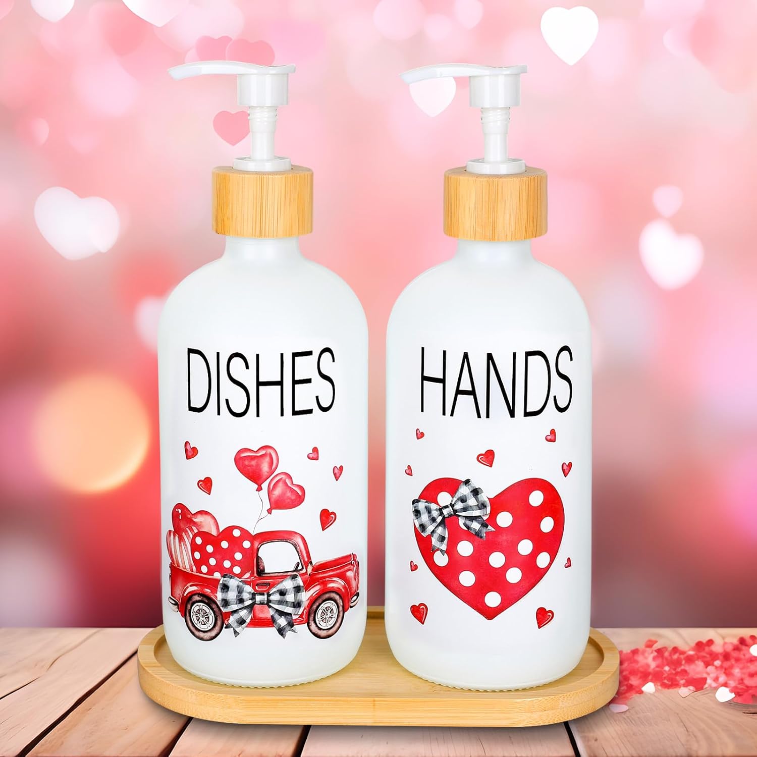 2Pcs Valentine's Day Soap Dispenser Watercolor Red Heart Truck Glass Soap Dispenser with Pump Refillable Liquid Soap Container for Kitchen Bathroom Decor