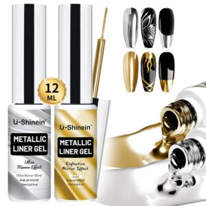 2x12ml Metallic Mirror Nail Polish, Ultra Mirror Silver & Gold Metal Painted Drawing with Thin Brush, Chrome Gel Polish Nail Art Gel Liner Soak Off DIY