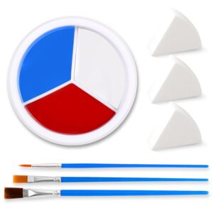 3 Colors Face Body Paint [Blue White Red] + 3pc Sponge + 3pc Brush, USA Themed Accessories Flag Color Eye Black for Sport, Face Paint Halloween Makeup Kit for Clown Vampire Harley Quinn Joker Makeup