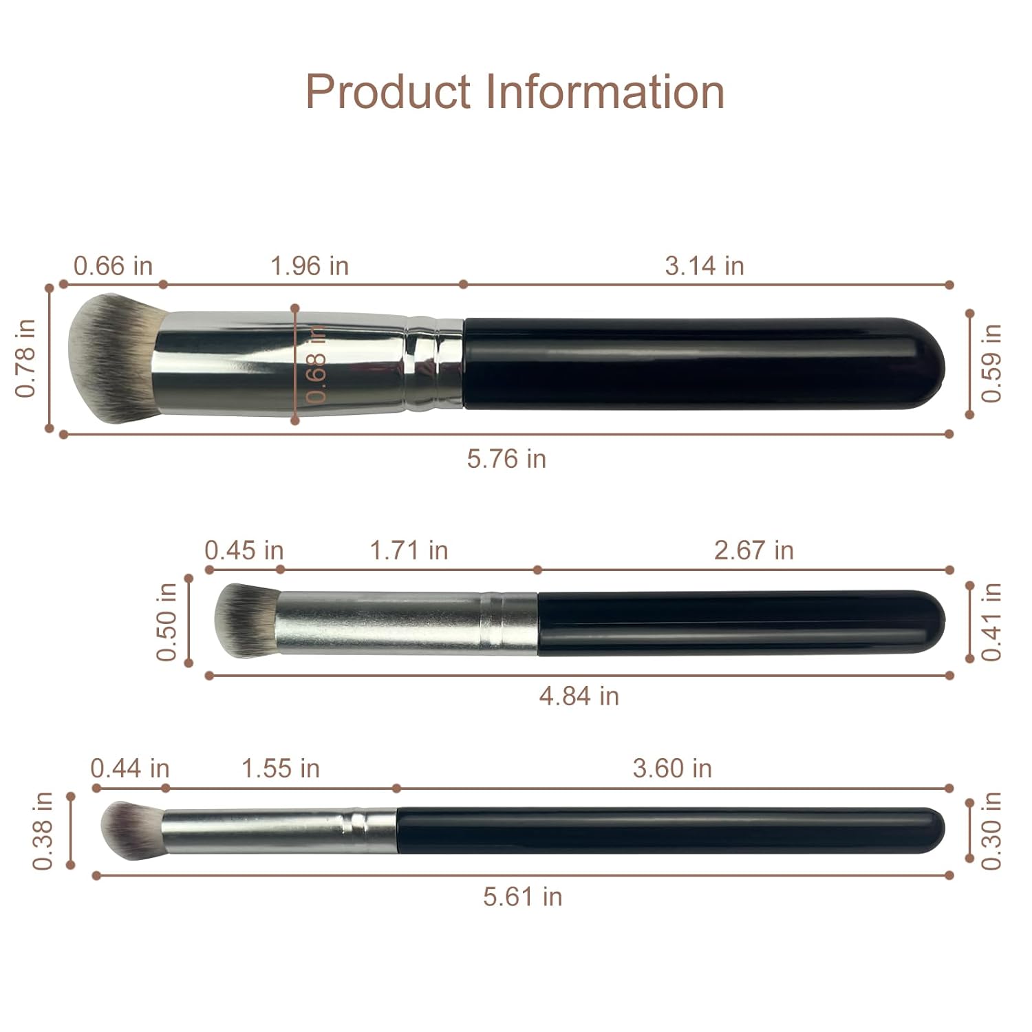 3-Piece Foundation Contour Brush Set, Kabuki Brushes for Liquid, Cream, and Powder Makeup, Includes Under Eye and Mini Concealer Brushes, Black - Image 7