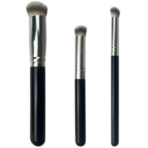 3-Piece Foundation Contour Brush Set, Kabuki Brushes for Liquid, Cream, and Powder Makeup, Includes Under Eye and Mini Concealer Brushes, Black