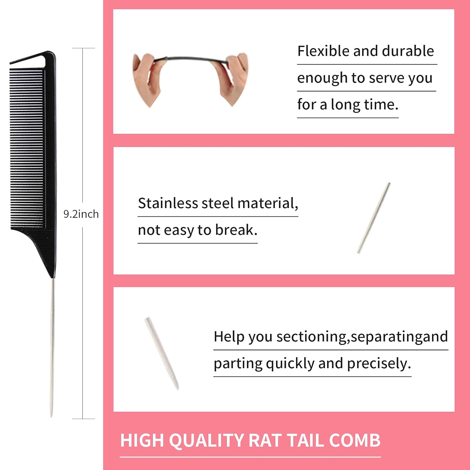 3 Pieces Hair Styling Comb Set Teasing Brush Rat Tail Comb Edge Brush for Edge&Back Brushing, Combing, Slicking Hair for Women (Black) - Image 4