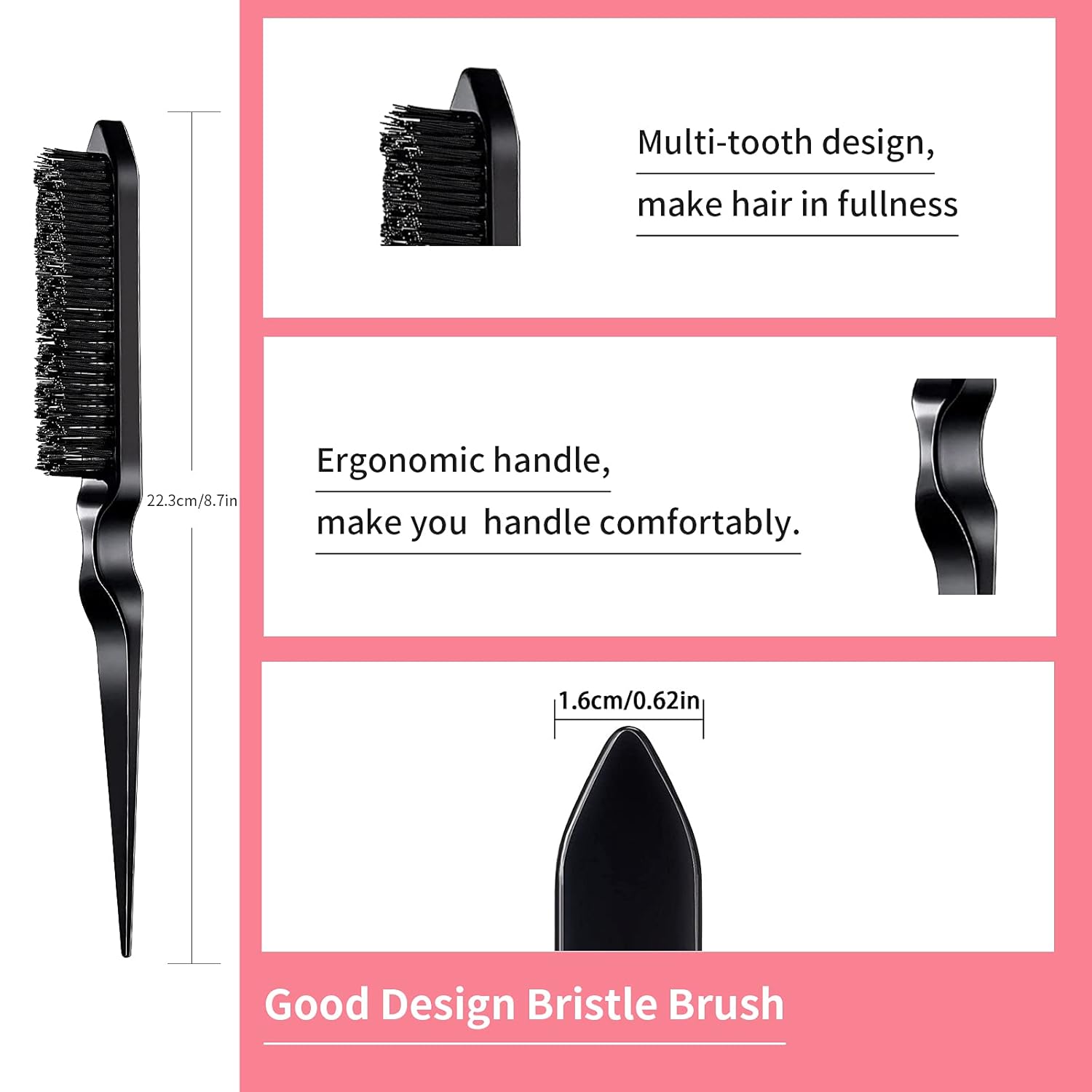 3 Pieces Hair Styling Comb Set Teasing Brush Rat Tail Comb Edge Brush for Edge&Back Brushing, Combing, Slicking Hair for Women (Black) - Image 3