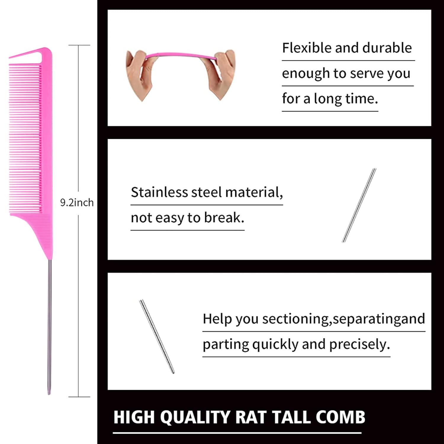3 Pieces Hair Styling Comb Set Teasing Brush Rat Tail Comb Edge Brush for Edge&Back Brushing, Combing, Slicking Hair for Women (Pink) - Image 2