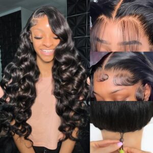 30 Inch 13x6 Body Wave Lace Front Wigs Human Hair 200 Density HD Transparent Lace Frontal Wigs Pre Plucked Glueless Wigs Human Hair Wig For Black Women (Black, 30 Inch, body)