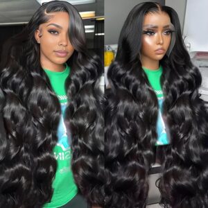 30 Inch 13x6 Lace Front Wigs Human Hair 200% Density Body Wave HD Lace Front Wigs Human Hair Pre Plucked Glueless 13x6 Full Frontal Wig for Women Natural Black