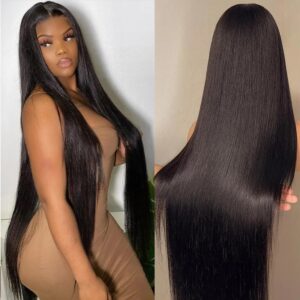 30 Inch 13x6 Straight Lace Front Wigs Human Hair Thin HD Glueless Pre Plucked Bleached Tiny Knots Full Lace Frontal Wig Upgraded 14A Soft Hair 200 Dentisty Black Wig